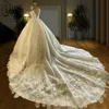 Prinzessin Ballkleid Hochzeitskleid mit tiefem V-Ausschnitt, luxuriöse, mit Perlen verzierte Brautkleider, maßgeschneiderte handgefertigte Blumenbrautkleider