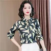 Koreańska moda jedwabne kobiety Bluzki biuro Lady Liść Wzór i bluzka satynowa damskie topy plus rozmiar xxxl koszule damskie