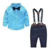 Designer Clothes Newborn Baby Kid Sets Infant Korean Children Clothing Set Gentleman Suit Plaid Shirt Bow Tie Suspend Trousers 2pcs Suits