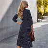 Sonbahar Kış Nokta Bandaj Elbise Kadın Rahat Ruffles V Boyun Yüksek Bel Ince Baskı Uzun Elbise Kadınlar Için Yeni Moda 210323