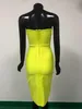 Mulheres Sexy Designer Strapless Néon Verde Bandage Vestido Joelho Comprimento Da Noite Celebridade Festa Chique Vestido 210527