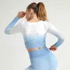 Fashion Gradient Seamless Sport T-shirt da donna Scava fuori manica lunga Running Crop Top Donna Tie-dye Yoga Ropa Deportiva Mujer 210514