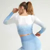 Moda Gradient Bez Szwu Sport Koszulki Kobiety Hollow Out Długi Rękaw Running Crop Top Woman Tie-barwnik Joga Ropa Deportiva Mujer 210514