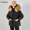 Lagabogy Winter Jacket Women Large Natural Fur Hooded Thick Warm Loose Parkas 90% White Duck Dowm Coats Waist Snow Outwears 211126