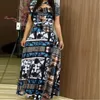 Vrouwen korte mouwen uitgehold O-hals lange jurk zomer floral print hoge taille elastische elegante boho robe maxi dreses plus size casual dresse