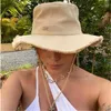 Stingy Fedora Hats For Women Summer Women's Bucket Caps Raw Edges Canvas Drawstring Circumference Wide Brim Hats New Arrivals