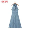 Tangada Mode Femmes Bleu Dot Halter Robe Bow Sans Manches Dames Sexy Robe Midi Robes SL114 210609