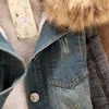 Women Spring Fall Denim Jacket Faux Fur Coat Fashion Casual Winter Overcoat Tops Female Knit Stitching Jeans OverCoats 201020