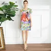 Sommarbanan Vintage Mini Dress Kvinnor V-Neck Beading Fashion Birds Floral-Print Short Party 210524