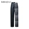 Patchwork pu plaid broek voor vrouwen hoge taille hit kleuren asymmetrische herfst winter broek vrouw 210521