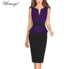 VFEMAGE Bayan Bahar Ön Fermuar Peplum Katı Colorblock Kontrast Çalışma İş Ofis Parti Kılıf Bodycon Kalem Elbise 210319