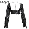 lautaro y2k Black Faux Leather Crop Top Women Receed Neck Long Sleeve Studper Stack Stacked بالإضافة إلى الحجم المثير عارية الذروة 210923