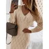 Przypadkowe sukienki Foridol Hollow Out White Winter Women 'Sweter Sukienka Oversized Lampion Rękawów Jesień Knitwear Maxi Long 2021