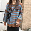 Jesień zima damski sweter koreański styl fala paski dzianiny górne luźne długimi rękawami topy LL793 210506