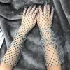 New 1 Pair Women Short Tulle Gloves 60cm Stretchy Lace Spots Full Finger Mittens Mesh Semi Sheer Gloves Bride Wedding Gloves