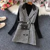 Höst Vinter Houndstooth Woolen Vest Kvinnor V-Neck Samll Doft Dubbelbröst Waistcoat 211220