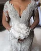 Luksusowy Plus Size Syrenki Suknie Ślubne Suknie Ślubne Koronki Appliqued Zroszony V Neck Długi Rękaw Wstośrodowiste Spódnice Ruffles Vestido de Noiva