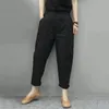 Chegada verão mulheres soltas cintura elástica harem calças all-matched botão de linho de algodão retalhos bezerro comprimento w100 210512