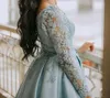 Ankle Length Long Sleeve Prom Dresses 2022 Lace Appliques Satin Formal Evening Gowns Girls Homecoming Dress Deep V-neck Special Occasion Wear