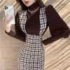 Femmes Tweed Plaid Sirène Robe Deux Pièces Ensemble Automne Tricoté Col Roulé T-Shirt Haut Et Gilet Simple Boutonnage Midi Costume 210519