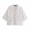 Za recortada camisa de verano de lino para mujer de manga corta abotonada Vintage Top femenino bolsillos de parche rosa verde blanco blusa camisas 210602