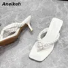 Pu kapcie damskie buty letnie Thong cienki obcas moda slajdy panie płytkie solidne swobodne klapki eleganckie 210507 gai gai gai