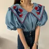 Comelsexy Vintage Estilo étnico Flor Blusas Embroidey Mulheres Verão Lanterna Sleeve Solto Denim Camisa Femme Tops Blusas 210515