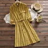 Mori Kız İlkbahar Sonbahar Elbiseler Kadın Turn-down Yaka Çizgili Vestidos Uzun Kollu Rahat Gevşek Vintage Zarif Gömlek Elbise 210520