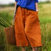 Johnature Lente Dames Linnen Wide Been Broek Elastische Taille Losse Zakken Plus Size Dames Oranje Grijze Vintage Broek 210521