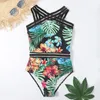 Sexy Badeanzug Frauen Blatt Druck Bademode Weibliche Mesh Patchwork Badeanzug Sommer Strand Tragen Schwimmen Badende Dame 210521