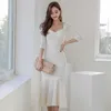 Uzun Maxi Kore Bayanlar Beyaz Güz 3/4 Kollu Seksi Ofis Parti Elbiseleri Kadınlar Çin Giyim 210602