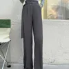 Nomikuma 봄 한국어 한국어 우아한 긴 바지 벨트 높은 허리 여성 바지 인과 솔리드 스트레이트 바지 Mujer Pantalones 6F556 210427