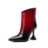 Bottes 10cm talons fins cheville en cuir verni femmes sexy dame chaussures à bout pointu 2021 automne abricot rouge léopard patchwork