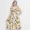 Yaz Kadın Seksi Kare Yaka Çiçek Baskı Kısa Kollu Zarif Elastik Bel Kadın Rahat Vintage Draped Parti Elbiseler 210514