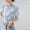 T-shirt tricoté d'été femmes coréen chic floral court bouffant tops o-cou mode vintage dames t-shirt femme 210519