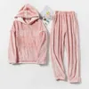 Hooded Flannel Men's Pajama Pants 2 Pieces/Set Winter Thick Warm Sleepwear For Couples Casual Loose Home Costumes Set 211110