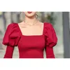 Camicetta rossa da donna primavera manica a sbuffo colletto quadrato stile coreano camicie casual eleganti top selvaggi 210520