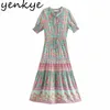 Vestido de verano Mujeres Estampado floral Vacaciones Boho Femenino Lace Up V Cuello Manga corta Cordón Cintura Casual Largo 210430