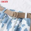 Tangada Summer Women Print Denim Spodenki z pasem Vintage Wysoka Elastyczna Talia Kobiet Krótkie spodnie Mujer 5N12 210609