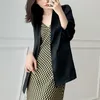 [Eam] Femmes Noir Poche Silky Bouton Simple Bouton Blazer Notched Longue Manches Fit Fit Veste Fashion Summer 1DD1612 210512