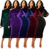 Casual Dresses Purple Velvet Women 2021 Spring Winter Off Shoulder Long Sleeve Bodycon Dress Office Lady Sexy Pencil Party 5 Colors