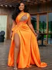 Aso Ebi Orange Beaded Crystals Evening Dresses with ribbon High Split Arabic 2021 african plus size one shoulder prom gown robe