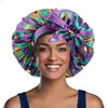 Extra stort afrikanskt mönster Utskrift Satin Bonnet Kvinnor Natt Sömn Keps Justerbart Bredt Band Elastiskt Head Wrap Hair