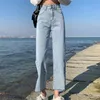 Jeans dritti a vita alta coreani Plus Size Vintage Boyfriend Mom Split Pantaloni in denim Gamba larga Streetwear 210809