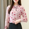 blusas mujer de moda Otoño Moda Blusas de gasa Punto rosa Mujeres Tops Manga larga Arco Ropa Office Lady 5561 50 210427