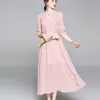 Automne coréen élégant o-cou rose décontracté robe longue femmes simple boutonnage taille élastique robes chic en mousseline de soie maxi 210514
