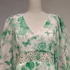 Women Color Printing Hollow Lace Patchwork Dress V-Neck Long Sleeve High Waist Slim Fit Fashion Tide Summer 7D0393 210421