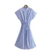 Летние женщины Raglan Рукав полосатый MIDI рубашка платье женский стойки воротник одежда вскользь леди свободный vestido d7655 210430