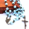 Hängsmycke Halsband Blå Bronsfärg Glaspärla Rosary Beaded Halsband Jesus Kors för Kvinnor Religiösa Katolska Smycken Presenter