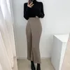 Chic All Match Solid Vintage lavorato a maglia da ragazza a vita alta Slim Gentle Slender Brief Fashion Split Skirt 210525